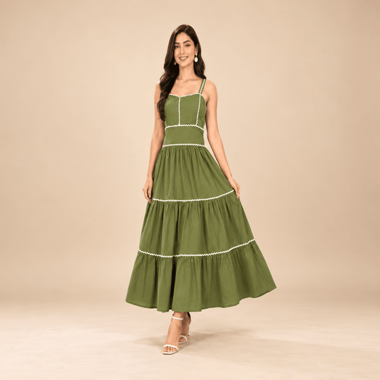 Women’s Tiered Maxi Dress with White Scalloped Trim